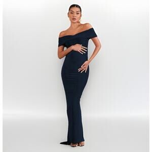 Club L London Navy Bardot Ruched Maternity Midi Dress NWT US 6